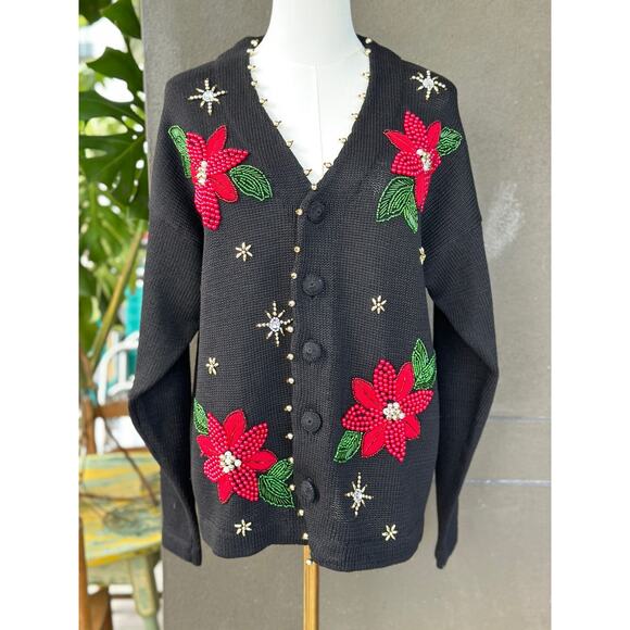 Vintage Victoria Jones Unisex Medium Ramie Black Ugly Christmas Cardigan Sweater - Picture 2 of 8